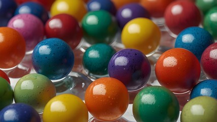 Abstract artwork featuring vibrant, randomly-arranged floating spheres separated on a clear backdrop. Rainbow-colored, soft, matte balls with varying diameters. PNG... Abstract artwork featuring vibra