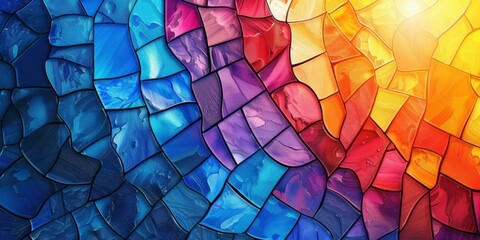 Wall Mural - An intricate mosaic pattern blends vibrant blue, purple, orange, and red, radiating light beautifully