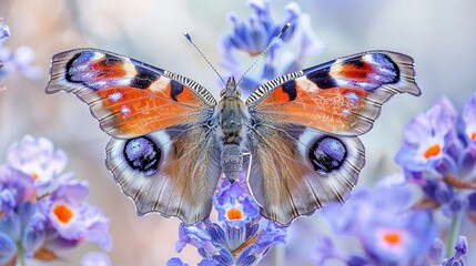 Poster -   A butterfly perched atop a purple flower, against a blue backdrop