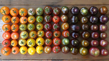 Poster -   A wooden table holds diverse tomatoes and an assortment of fruits and veggies