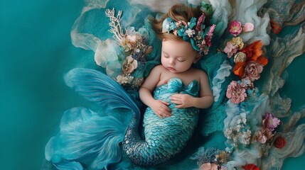 Serene Infant Mermaid Asleep in a Colorful Underwater-Inspired Setting