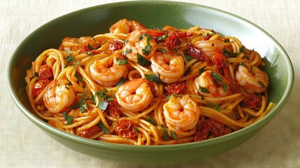 Sticker -   Pasta with Shrimp & Tomato Sauce on Beige Tablecloth