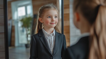 Canvas Print - Little Dreamer in a Suit: A young girl in a black suit looks confidently into the mirror, reflecting a sense of hope, ambition, and the potential for greatness.  