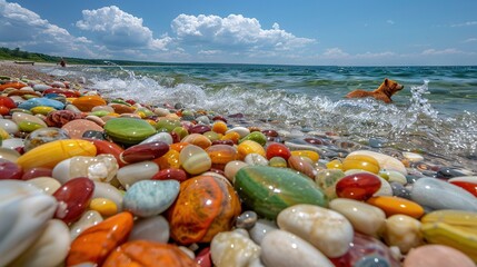 Sticker -   A beach adorned by multicolored boulders borders a serene water body, featuring a canine splashing around in the waves