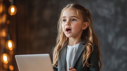 Wall Mural - Little CEO: A young girl, dressed in a blazer, holds a laptop and looks up in amazement, showcasing a captivating blend of childhood curiosity and business ambition. This image is perfect for capturin