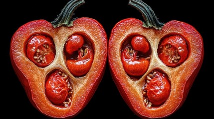 Poster -   Two halved red peppers on a black backdrop with a bitten-out piece