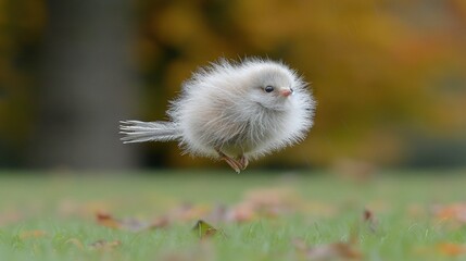 Poster -   A small white bird perched atop a verdant field, adjacent to a golden-orange tree with vibrant leaves