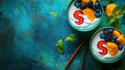 Wall Mural -   Two bowls filled with yogurt and fruit sit atop a blue table adorned with leaves and strawberries