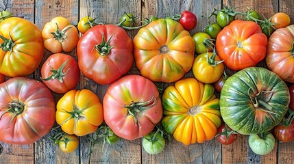 Poster -   A variety of tomatoes arranged on a wooden platter, with one positioned centrally and the other framed on either side