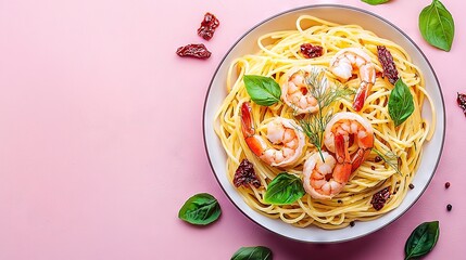 Wall Mural -  Pasta with shrimp and cranberries on pink background, surrounded by leaves and cranberries