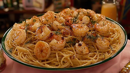 Sticker -   A plate of pasta with shrimp and parsley on a pink tablecloth and a glass of orange juice