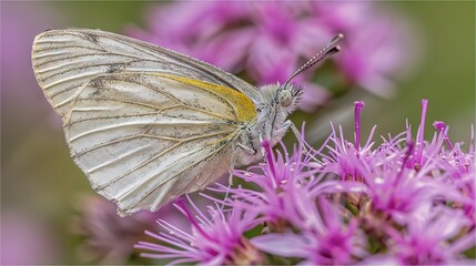 Sticker -   Close-up of butterfly on flower with purple flowers in foreground and blurry background