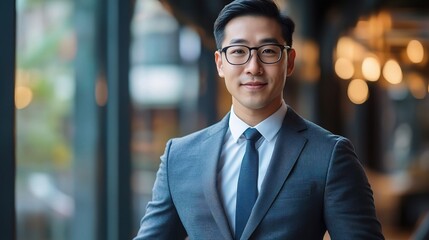 Sticker - Confident Asian Businessman - Portrait of a young, successful Asian businessman in a modern office setting, exuding confidence and professionalism. 