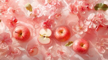 Poster -   Apples sit in clusters with pink flowers on white surfaces