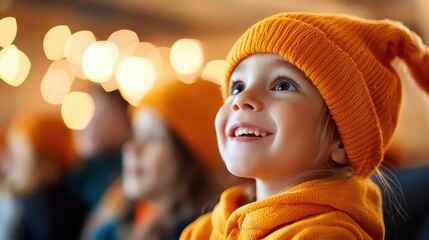 A child wearing an orange beanie is captured in a festive environment, with blurred lights creating a warm and cozy ambiance, evoking the spirit of celebration and wonder.