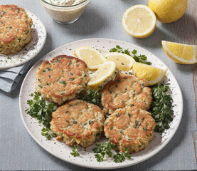 Wall Mural - A plate of food with four patties and four lemons