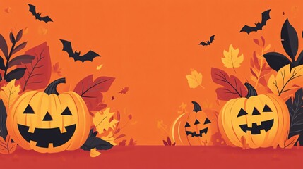 Wall Mural - flat halloween background featuring minimalist, colorful jack-o-lanterns and autumn leaves on a deep