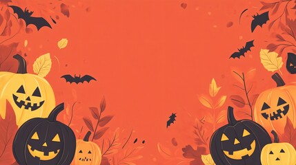 Wall Mural - flat halloween background featuring minimalist, colorful jack-o-lanterns and autumn leaves on a deep