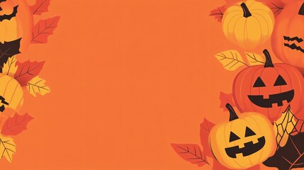 Wall Mural - flat halloween background featuring minimalist, colorful jack-o-lanterns and autumn leaves on a deep