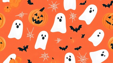 Wall Mural - flat halloween background with minimalist ghosts, pumpkins, and spiderwebs arranged in a tidy, repea
