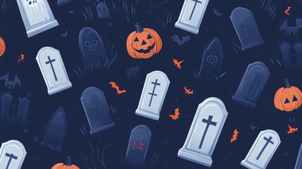 Wall Mural - flat halloween background with clean, simple tombstone and graveyard icons arranged in a repeating p