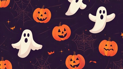 Wall Mural - flat halloween background with minimalist ghosts, pumpkins, and spiderwebs arranged in a tidy, repea