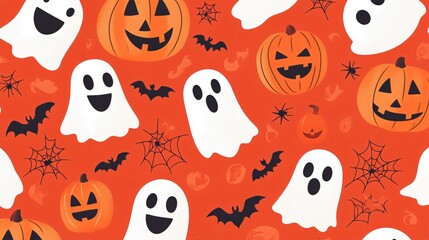 Wall Mural - flat halloween background with minimalist ghosts, pumpkins, and spiderwebs arranged in a tidy, repea