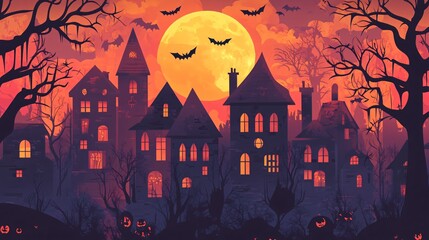 Wall Mural - flat halloween background with silhouettes of haunted houses, trees, and full moons arranged in a se