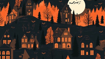 Wall Mural - flat halloween background with silhouettes of haunted houses, trees, and full moons arranged in a se