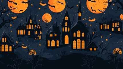 Wall Mural - flat halloween background with silhouettes of haunted houses, trees, and full moons arranged in a se