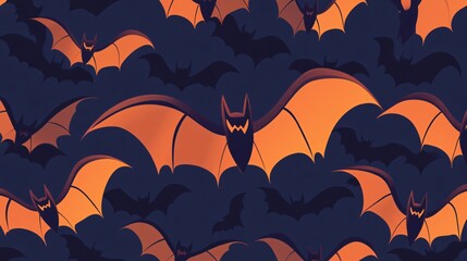 Flat Halloween background with stylized bats in flight, arranged in a repeating pattern on a deep blue background