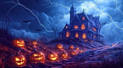Wall Mural - halloween background with a haunted house on a hill, lit by lightning, with a path lined with sinist