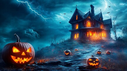 Wall Mural - halloween background with a haunted house on a hill, lit by lightning, with a path lined with sinist