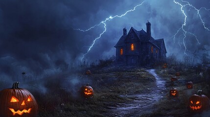 Wall Mural - halloween background with a haunted house on a hill, lit by lightning, with a path lined with sinist