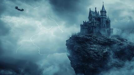 Wall Mural - halloween background with a spooky, enchanted castle perched on a rocky cliff, surrounded by swirlin