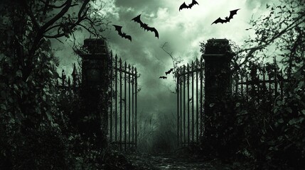 Wall Mural - halloween background with an old, decrepit cemetery gate, overgrown with ivy, and the silhouettes of