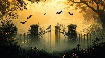 Wall Mural - halloween background with an old, decrepit cemetery gate, overgrown with ivy, and the silhouettes of