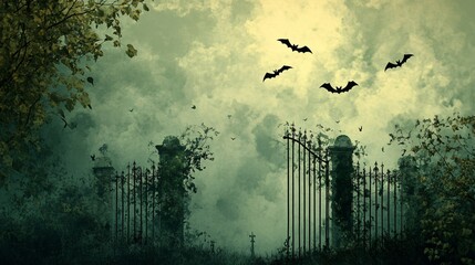 Wall Mural - halloween background with an old, decrepit cemetery gate, overgrown with ivy, and the silhouettes of