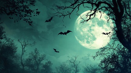 Wall Mural - spooky halloween background with a full moon casting eerie light over a haunted forest, with silhoue
