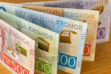 Wall Mural - Swedish krona. Financial economic concept. Banknotes arranged by value. Sweden currency symbol SEK