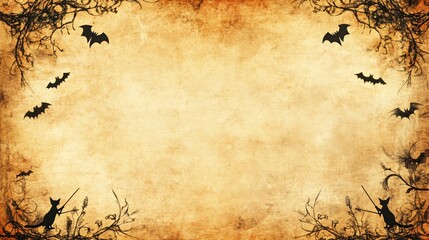 Vintage Halloween background with old, weathered paper texture, featuring black cats, witches on broomsticks, and ornate borders