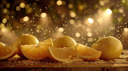 Wall Mural -   A cluster of lemons perched on a wooden table, adjacent to droplets of water on them