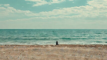 Poster -   A person sits on the beach beside the ocean, with a surfboard in front of them and clouds behind