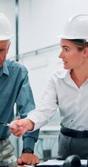 Aufkleber - Engineer, people and drawing with discussion in factory for project planning, collaboration and mechanical design. Manager, employee and conversation with technology in robotics facility for review.