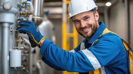 A cheerful plumber in safety gear, engaged in working on metal pipes, demonstrating professionalism, skill, and the importance of safety in manual labor industries.