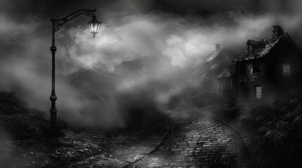 Wall Mural -   Cobblestone street lamp post foggy sky