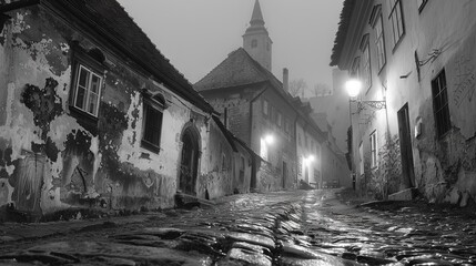 Sticker -   A black & white image of a cobblestone street at night featuring a church steeple in the background