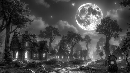   Black-and-white image of a forest at night with a full moon and a house in the foreground