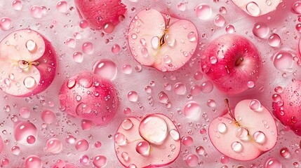 Sticker -   Red apples on water-covered pink surface