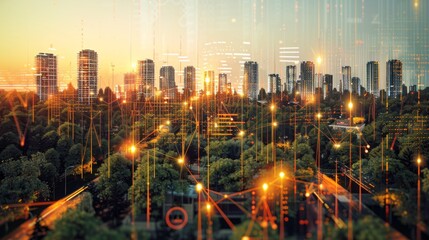 Poster - A cityscape with a glowing skyline at sunset